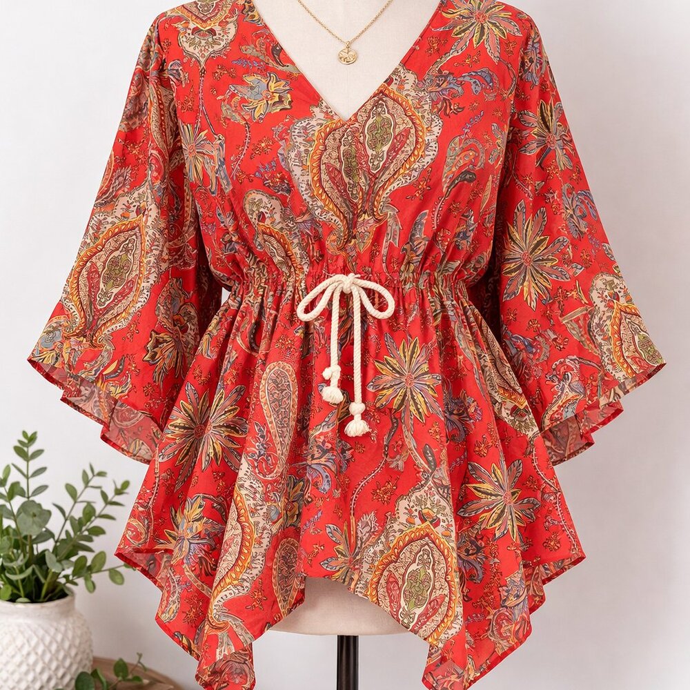 ZARA Boho Paisley Blouse Size L Red Flowy Peplum Tie Waist Top